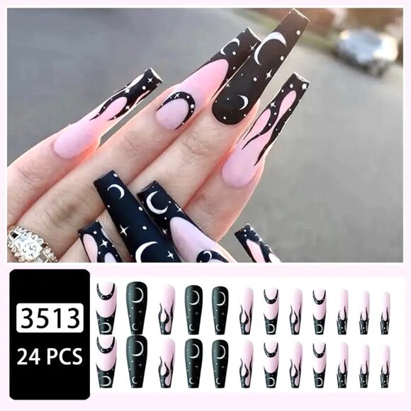 Nails Moon Stars Flames 24 Fake Press On Coffin Reusable Trendy Stylish Celeste - Picture 2 of 6